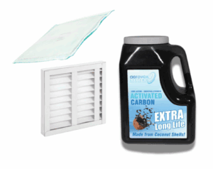 Chemical Source Capture System Replacement Filters include a folded white filter pad, a rectangular white vent filter with slats, and a black canister labeled “Activated Carbon Extra Long Life, Made from Coconut Shells.”. Read more at Aerovex Systems (aerovexsystems.com)